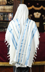 Load image into Gallery viewer, Wool Tallit Azure &amp; Silver strips XXXS-L, TALITANIA
